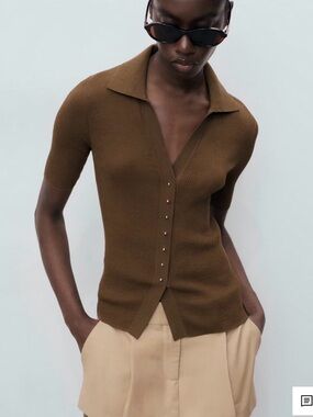 Mango Ribbed Polo-Neck Sweater in Chocolate